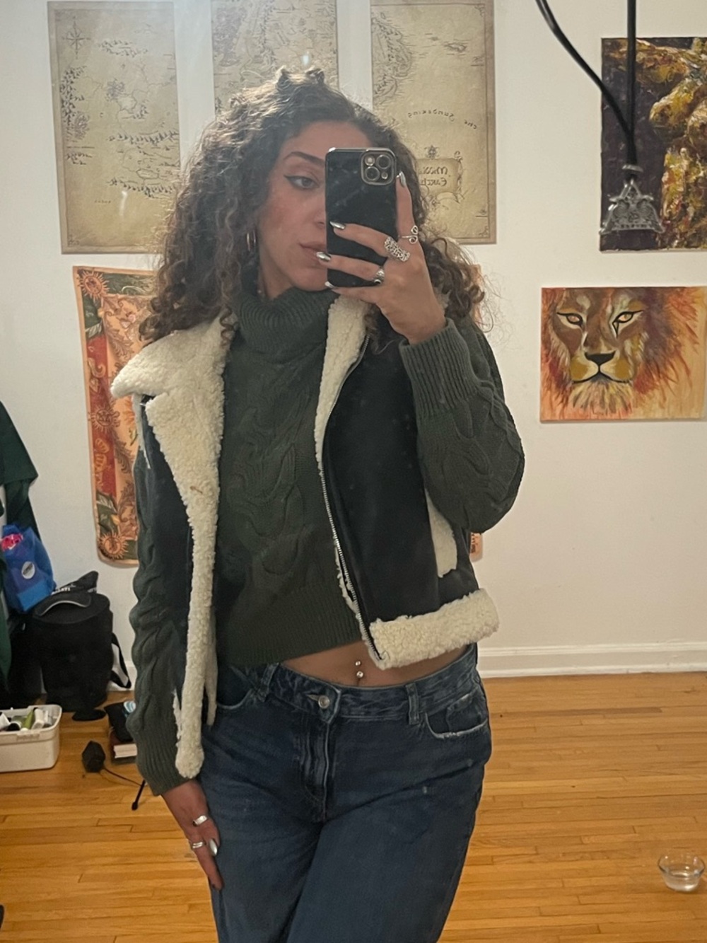 Women’s Black Faux-Shearling Moto Vest with Cream Trim